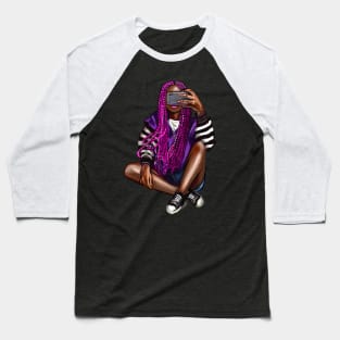 Cool edgy girl with natural afro hair in pink braids and camera phone black girl Magic. “African American woman”,teenager, African American teen Baseball T-Shirt